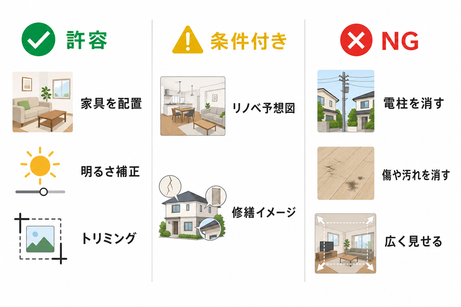 不動産写真のAI加工 許容・条件付き・NGの早見表。許容は家具を配置・明るさ補正・トリミング、条件付きはリノベ予想図・修繕イメージ、NGは電柱を消す・傷や汚れを消す・広く見せる加工