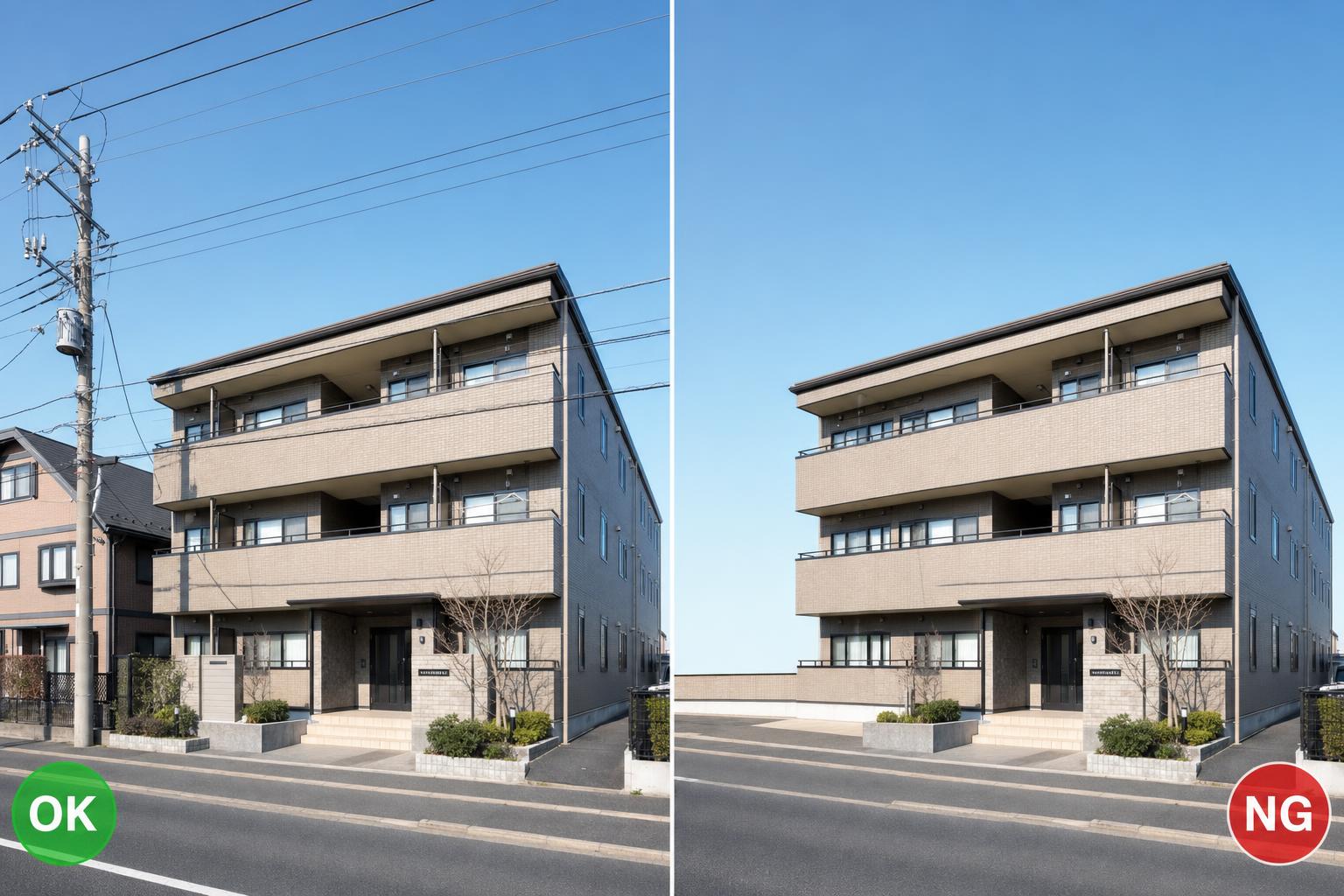 物件外観写真の加工NG例。左は電線・電柱・隣家が写った実際の状態(OK)、右はそれらを消去して周辺環境を偽った加工(NG)の比較
